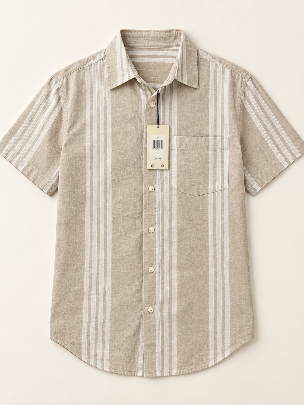Chaps Beige and White Striped Short-Sleeve Button-Down Shirt